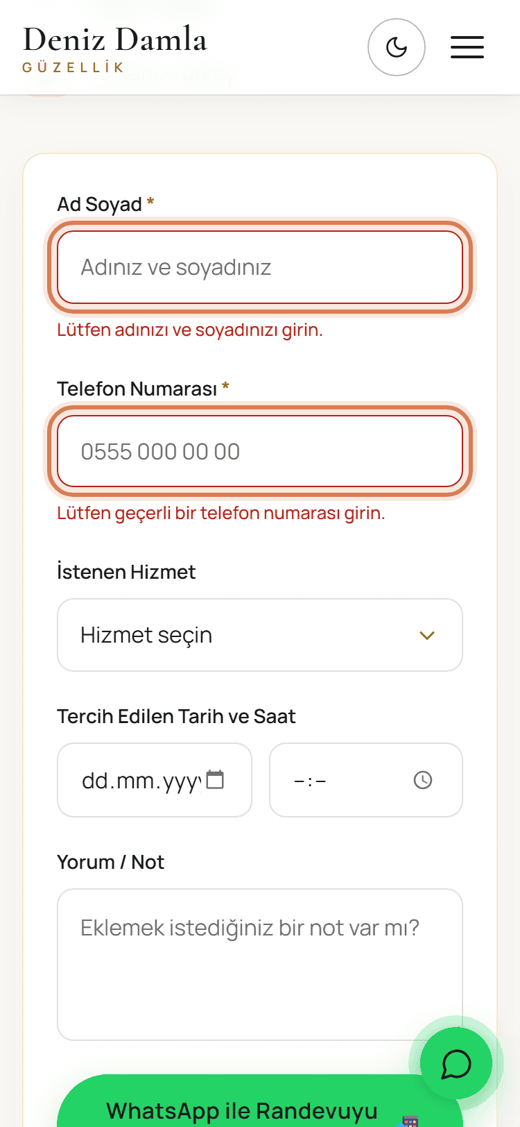 Ad ve telefon alanlarında uyarı mesajları