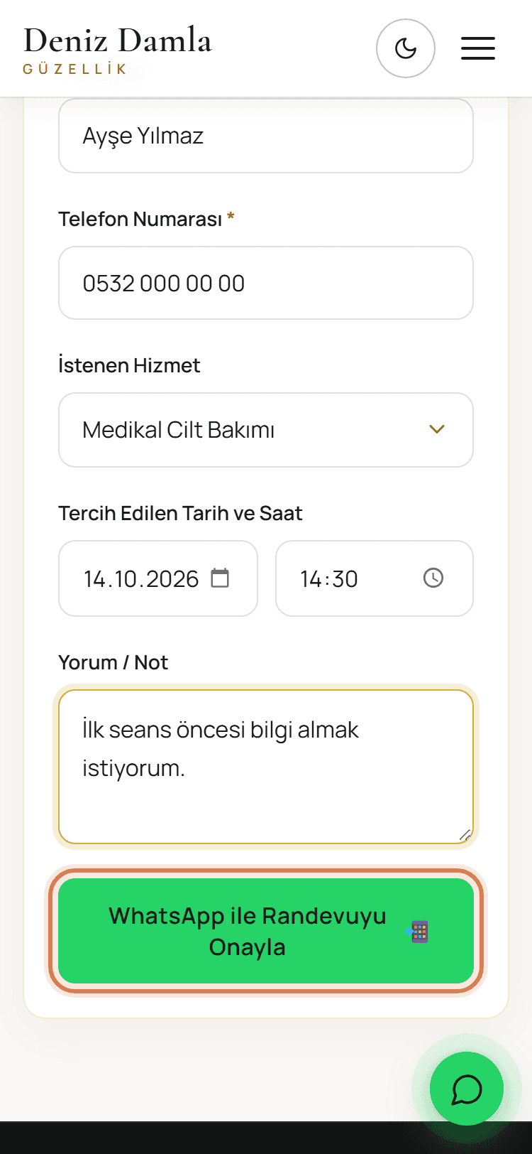 WhatsApp ile Randevuyu Onayla düğmesi