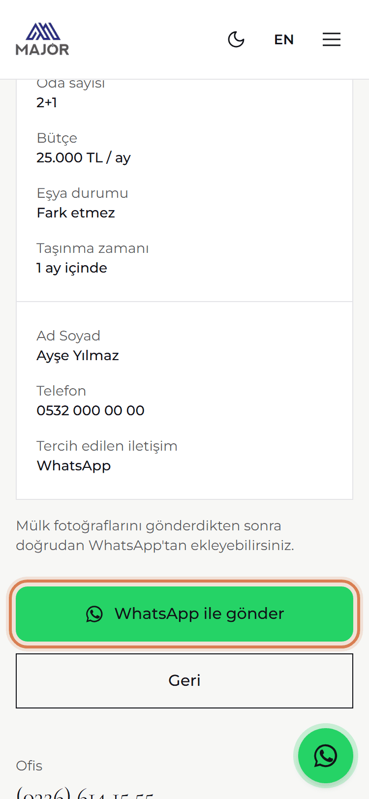 Özet ekranı ve WhatsApp ile gönder düğmesi